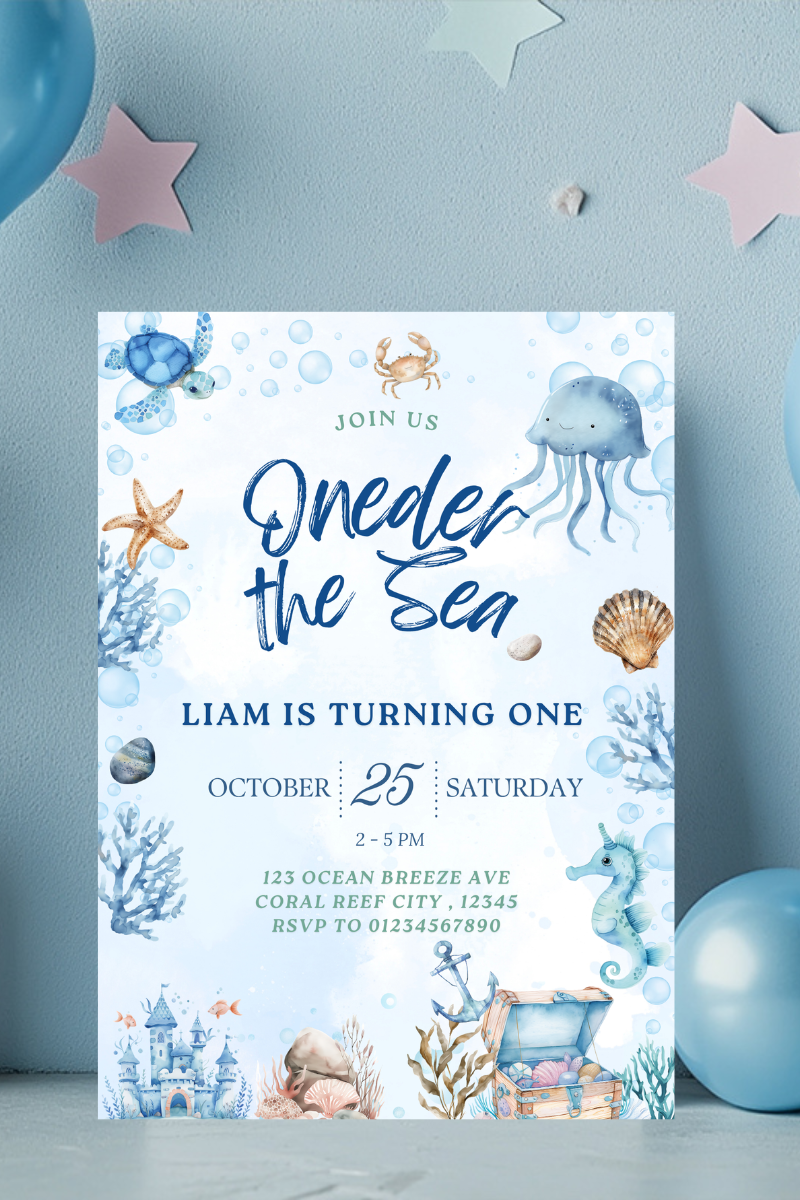 Under the Sea 1st Birthday Party Invitations | Sea Creature Theme | Personalised Printed Cards