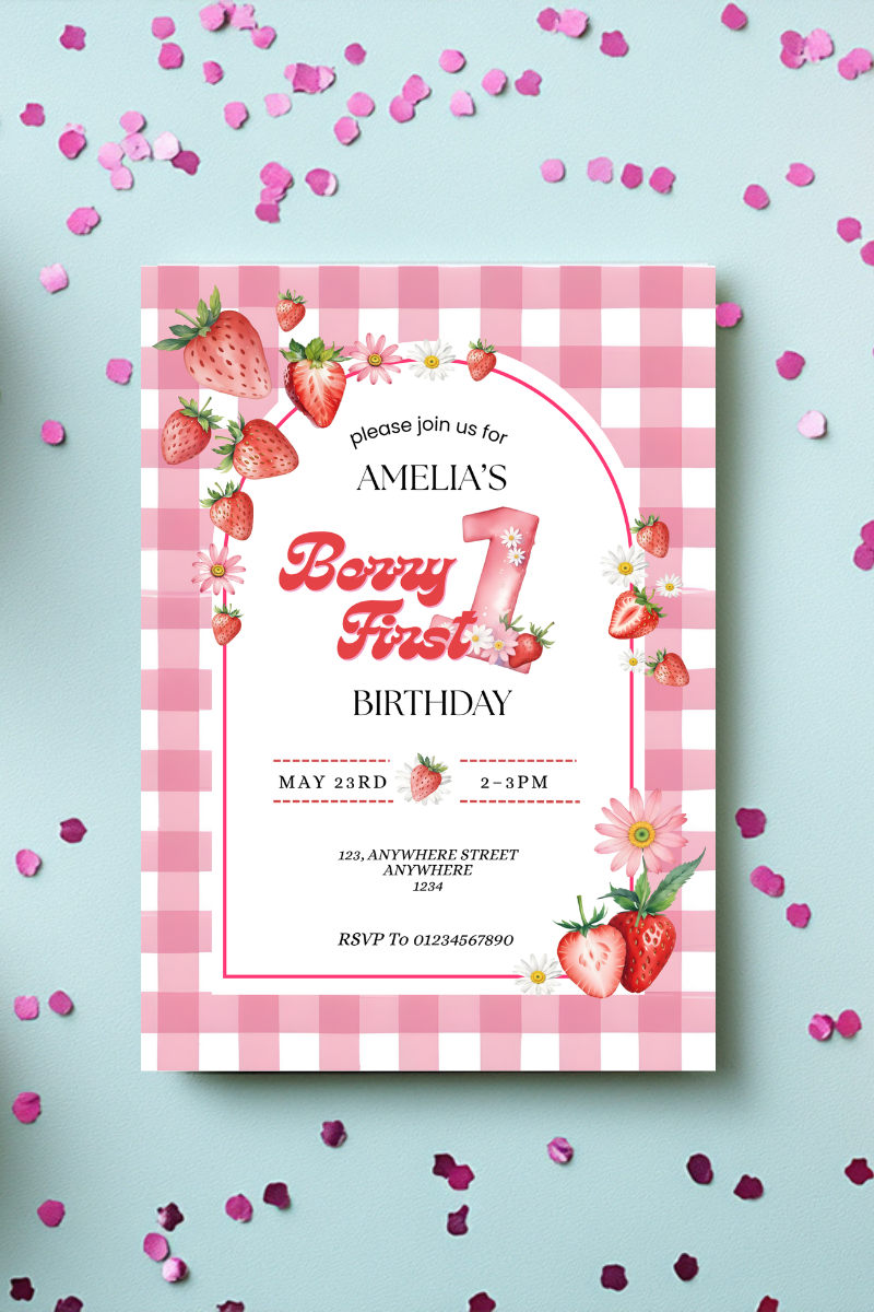 Berry First Strawberry 1st Birthday Party Invitations | Personalised Printed Cards