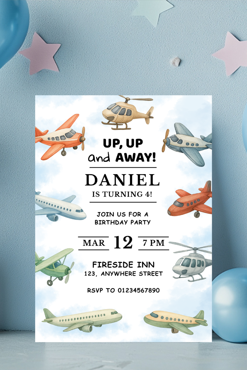Up Up & Away Plane Birthday Party Invitations | Personalised Printed Cards