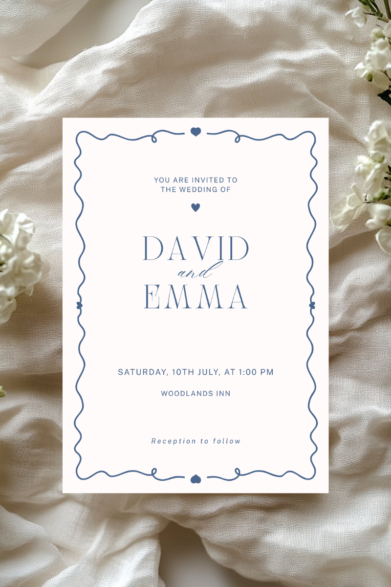 Personalised Navy Wavy Border Wedding Invitation | A5 | 300gsm, Linen or Hammered