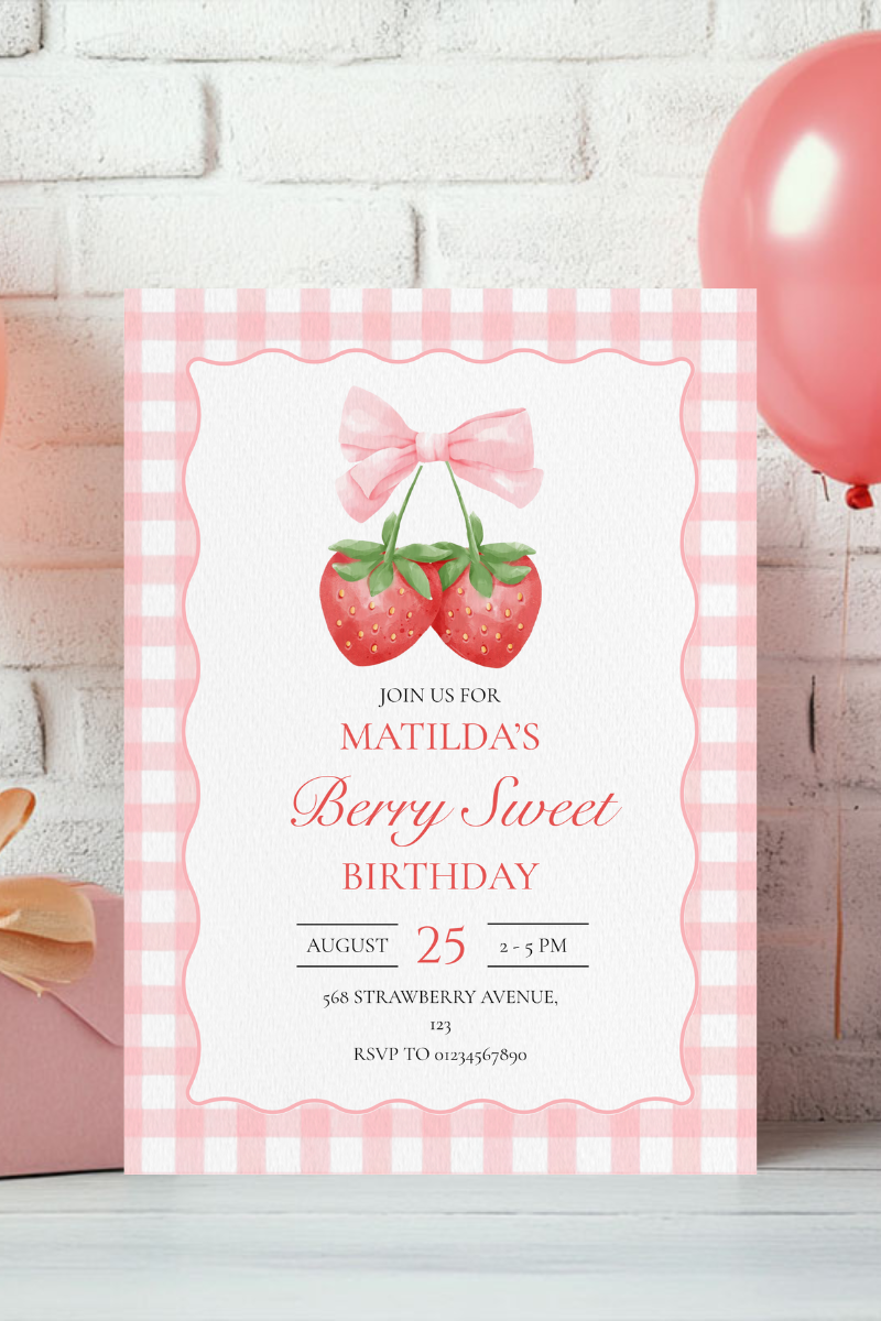Berry Sweet Strawberry Birthday Party Invitations | Personalised Printed Cards