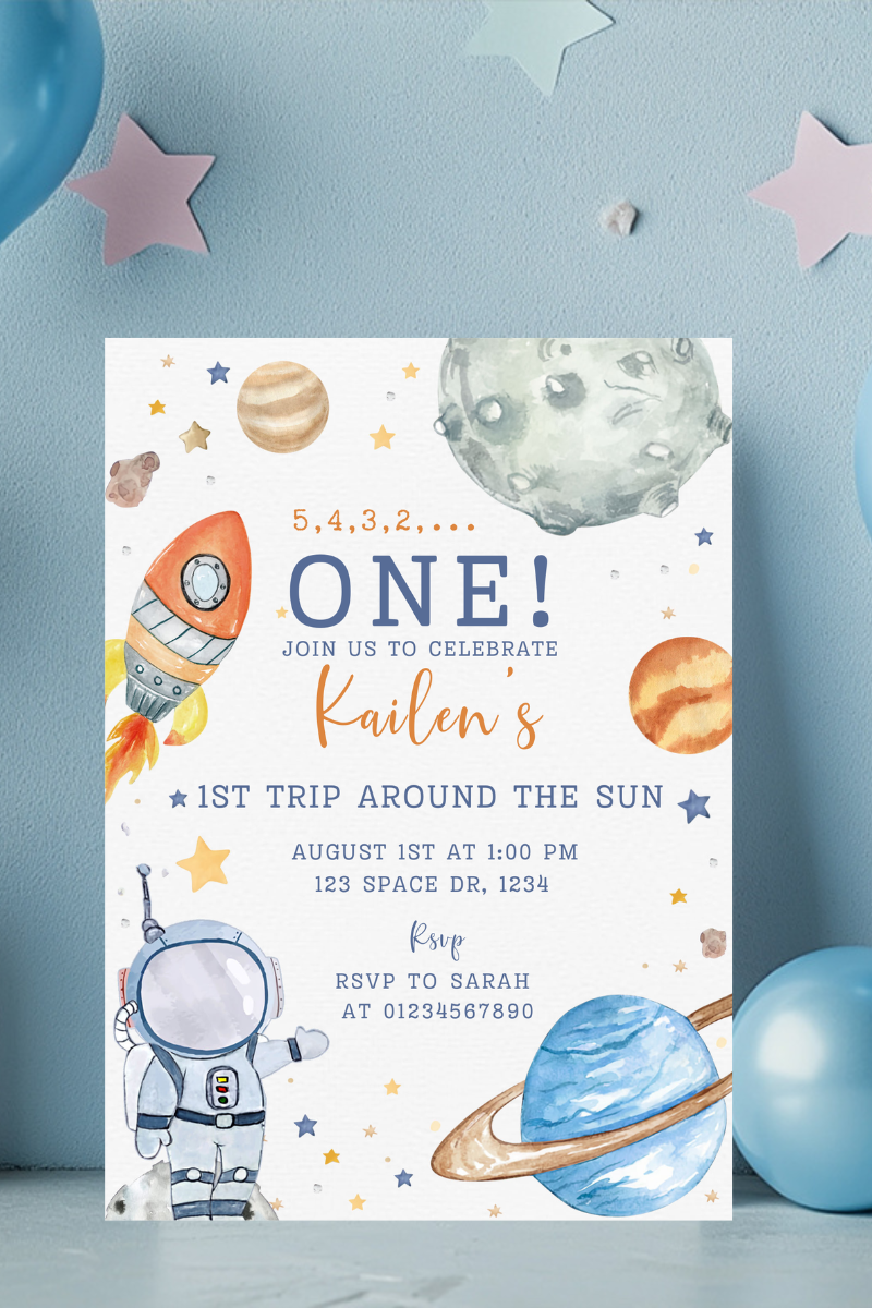 1st Trip Around the Sun | Space & Planet 1st Birthday Invitations | Personalised Printed Cards