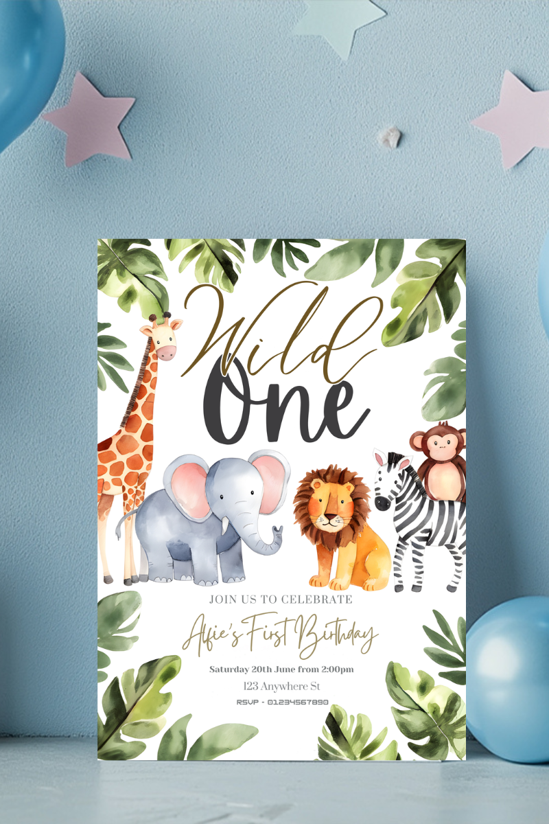 Wild One Animal Theme Birthday Party Invitations | Personalised Printed Cards