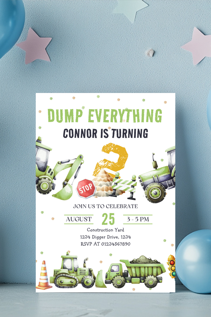 Construction Dumper Truck Birthday Party Invitations | Personalised Printed Cards