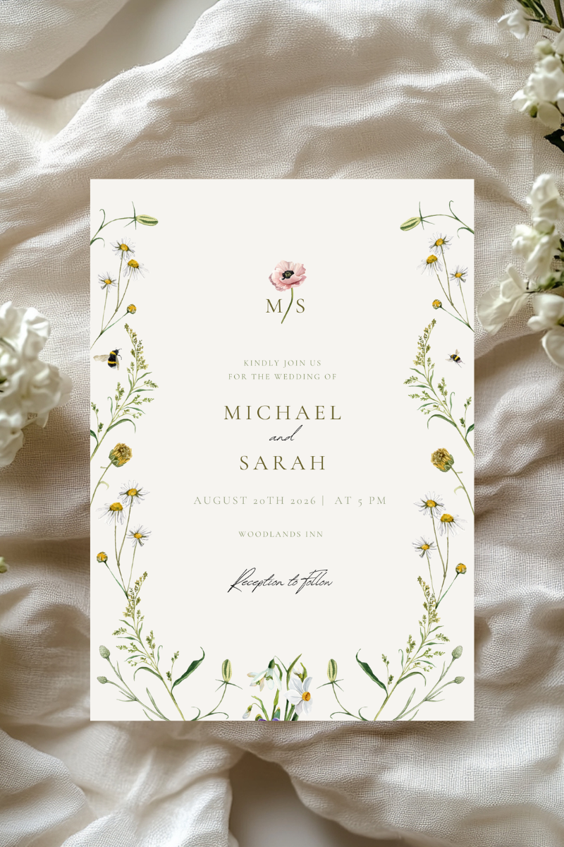Personalised Wildflower & Bee Wedding Invitation | A5 | 300gsm, Linen or Hammered