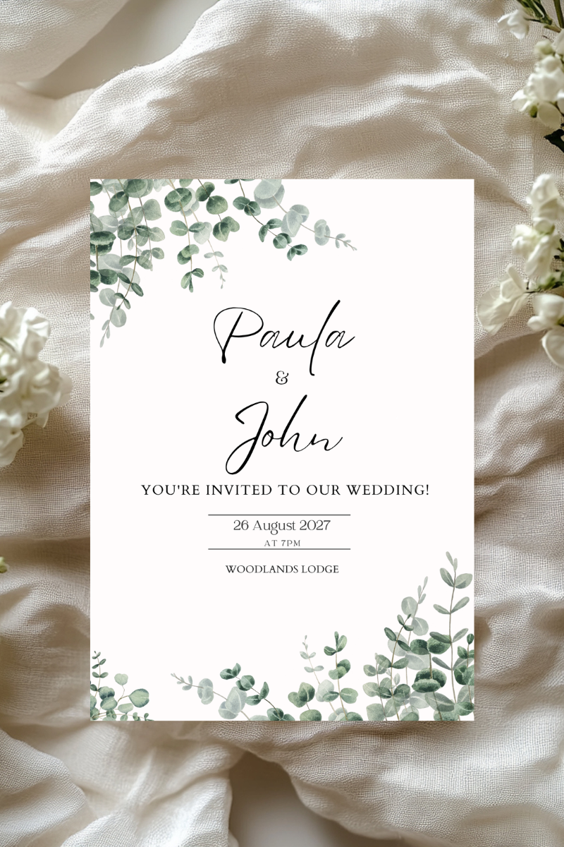 Personalised Eucalyptus Wedding Invitation | A5 | 300gsm, Linen or Hammered