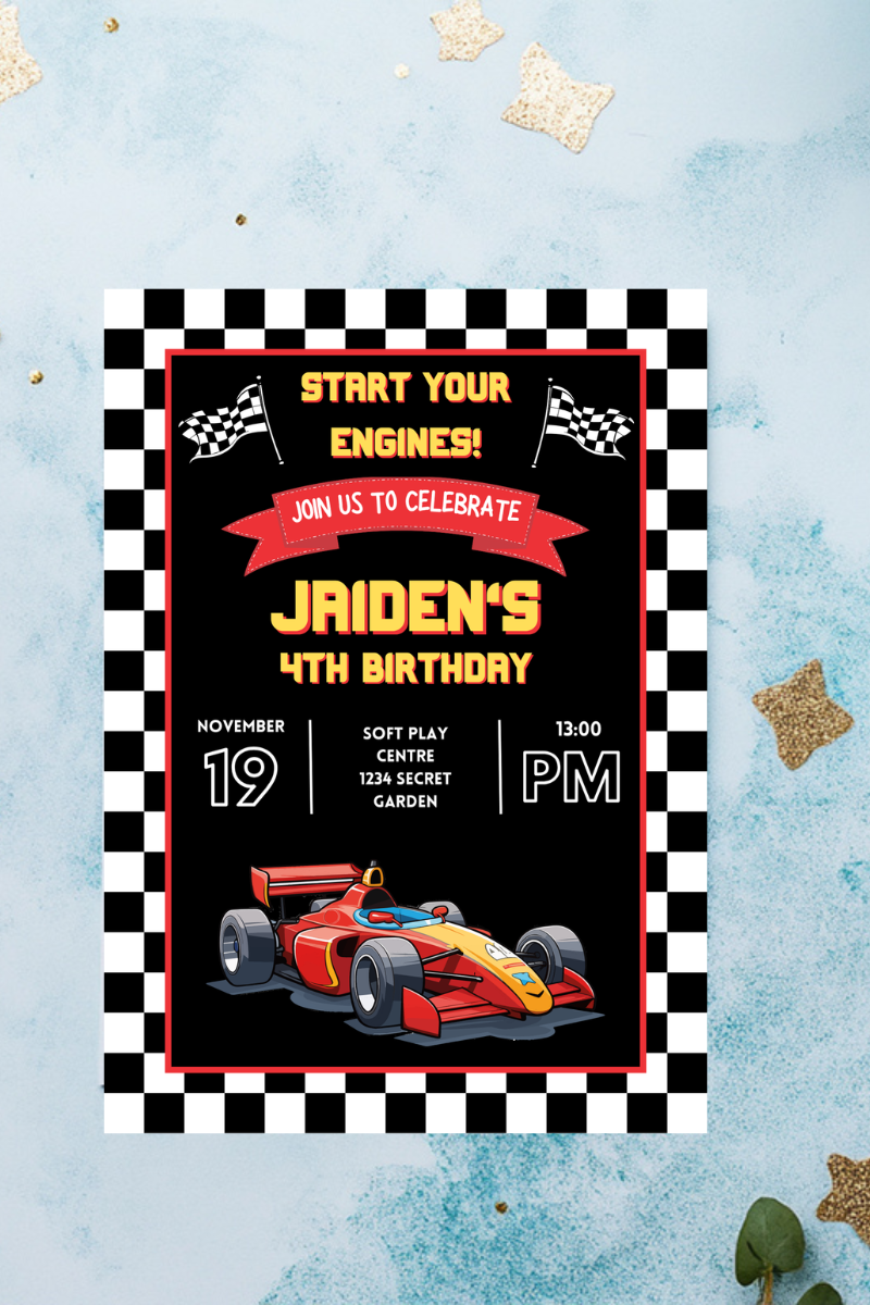 Start Your Engines Racing Birthday Party Invitations | Personalised Printed Cards