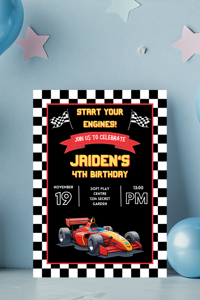 Start Your Engines Racing Birthday Party Invitations | Personalised Printed Cards