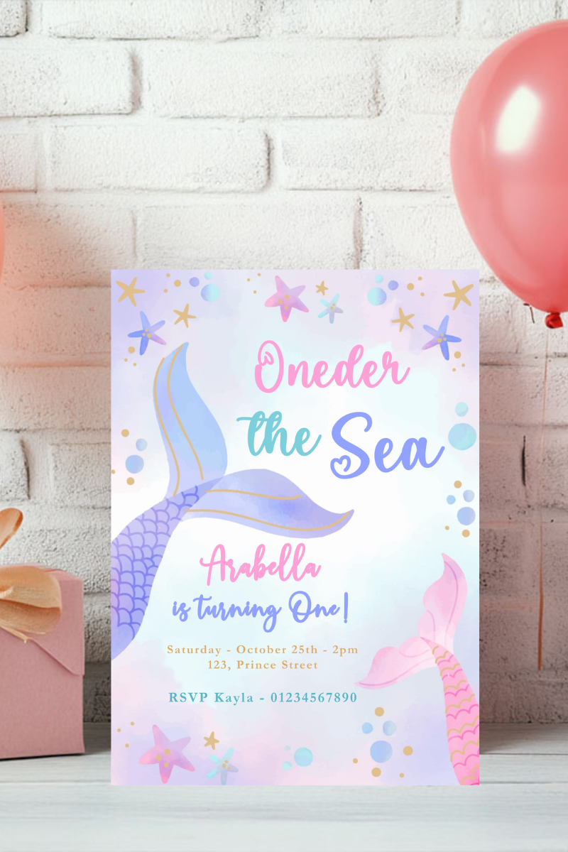 Oneder the Sea Mermaid 1st Birthday Invitations | Personalised Printed Cards