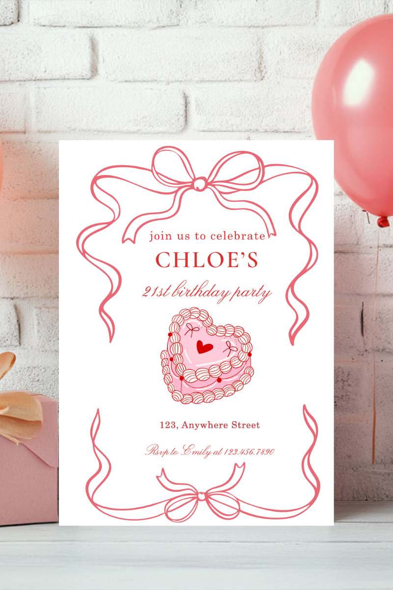 Coquette Birthday Party Invitations | White, Pink & Red Design | Personalised Printed Cards