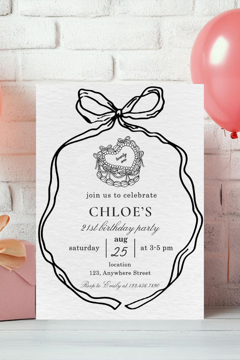 Coquette Birthday Party Invitations | Black & White Bow & Cake Design | Personalised Printed Cards