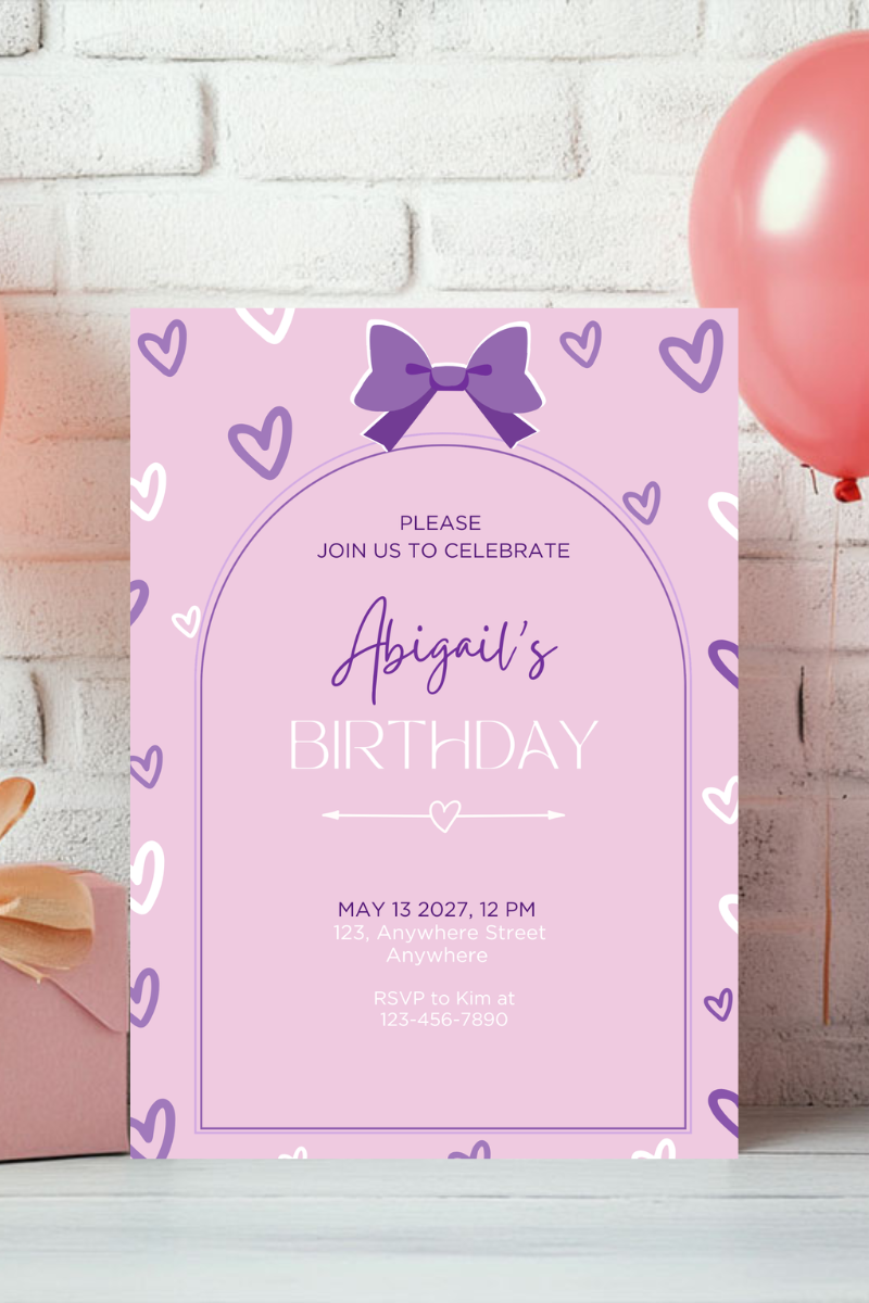 Pink & Purple Bow Birthday Party Invitations | Personalised Printed Cards
