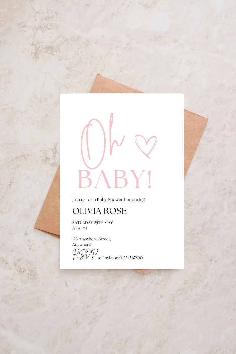 Personalised Oh Baby! Pink Baby Shower Invitation | Printed Cards