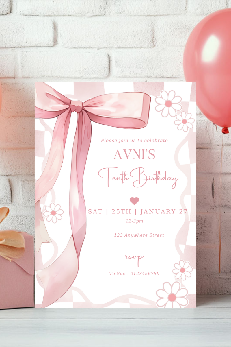 Pink Bow Birthday Party Invitations | Personalised Printed Cards | Bow Collection