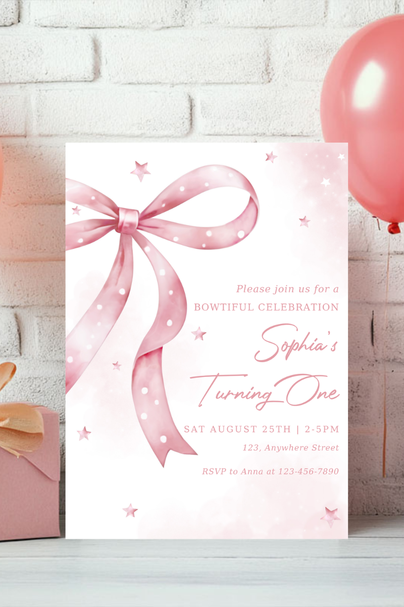 Pink Bow Birthday Party Invitations | Personalised Printed Cards