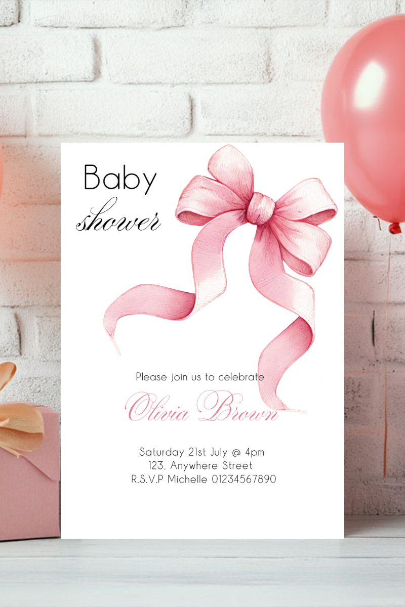 Bow Baby Shower Invitations | Personalised Printed Cards | Also Perfect for Birthdays