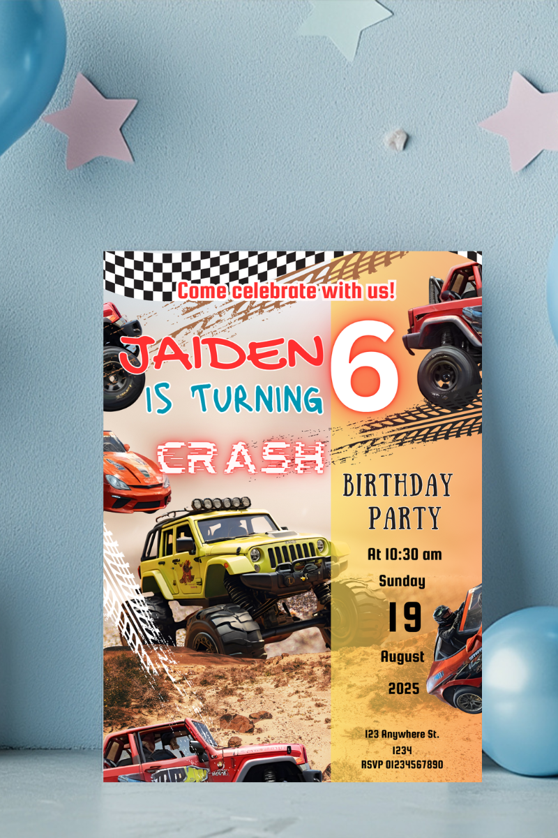 Monster Truck Birthday Party Invitations | Personalised Printed Cards