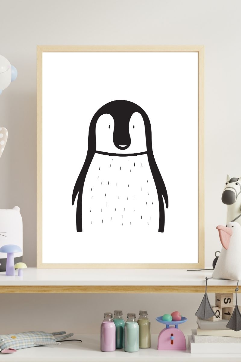 Penguin Nursery Print – Minimalist Line Drawing
