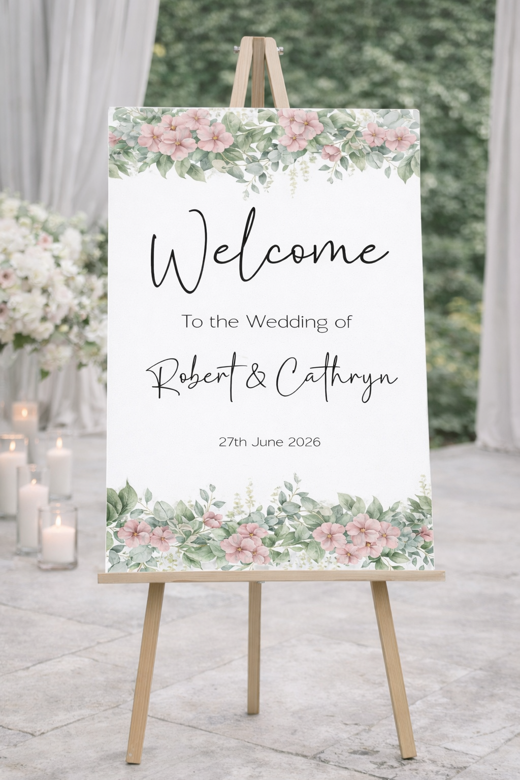 Pink Floral Foliage Wedding Welcome Board | Personalised Foamex Sign