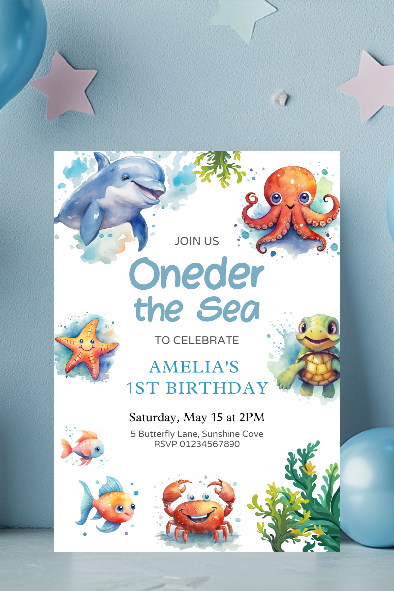 Under the Sea 1st Birthday Party Invitations | Sea Creature Theme | Personalised Printed Cards | Ocean Collection