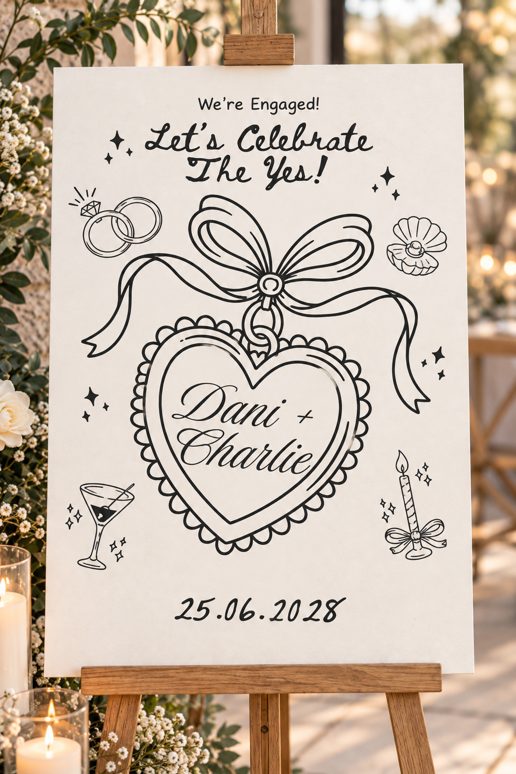 Personalised Black & Cream Illustrated Engagement Party Welcome Sign | Foamex Board