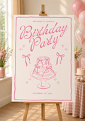 Personalised Retro Pink Cake & Bows Birthday Party Welcome Sign | Foamex Board | A3, A2 & A1