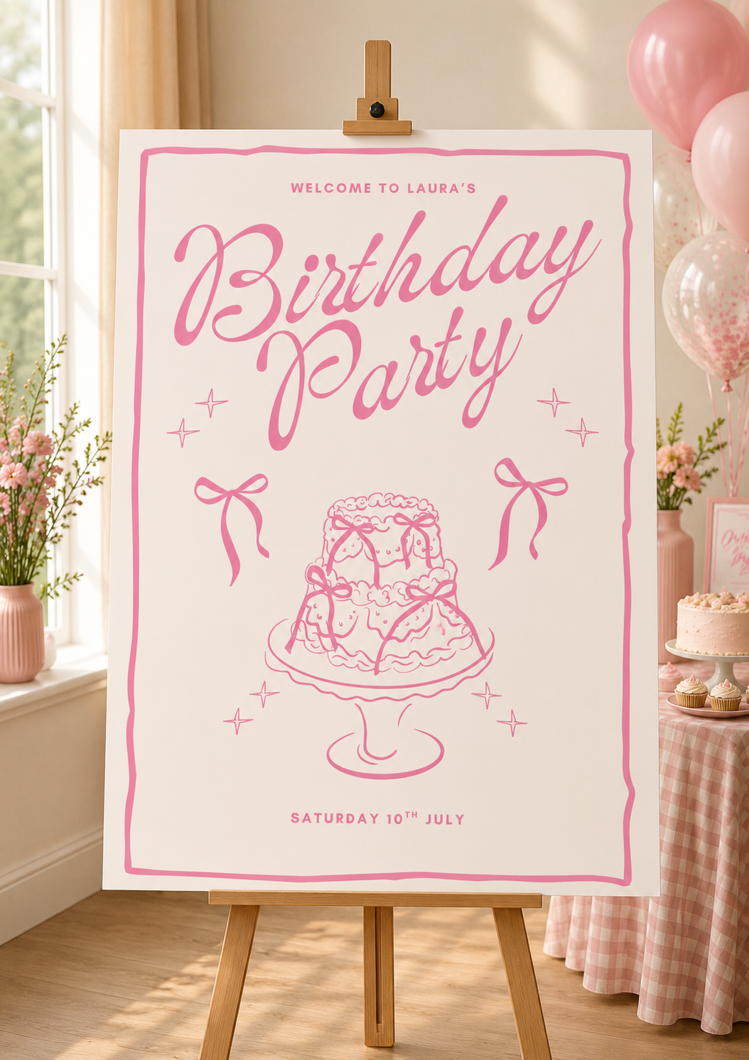 Personalised Retro Pink Cake & Bows Birthday Party Welcome Sign | Foamex Board | A3, A2 & A1