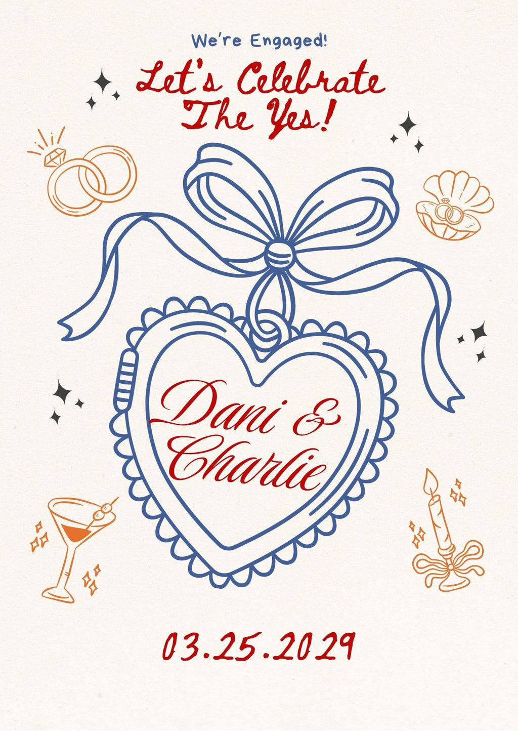 Personalised Colourful Illustrated Engagement Party Welcome Sign | Red Blue & Gold | Foamex Board