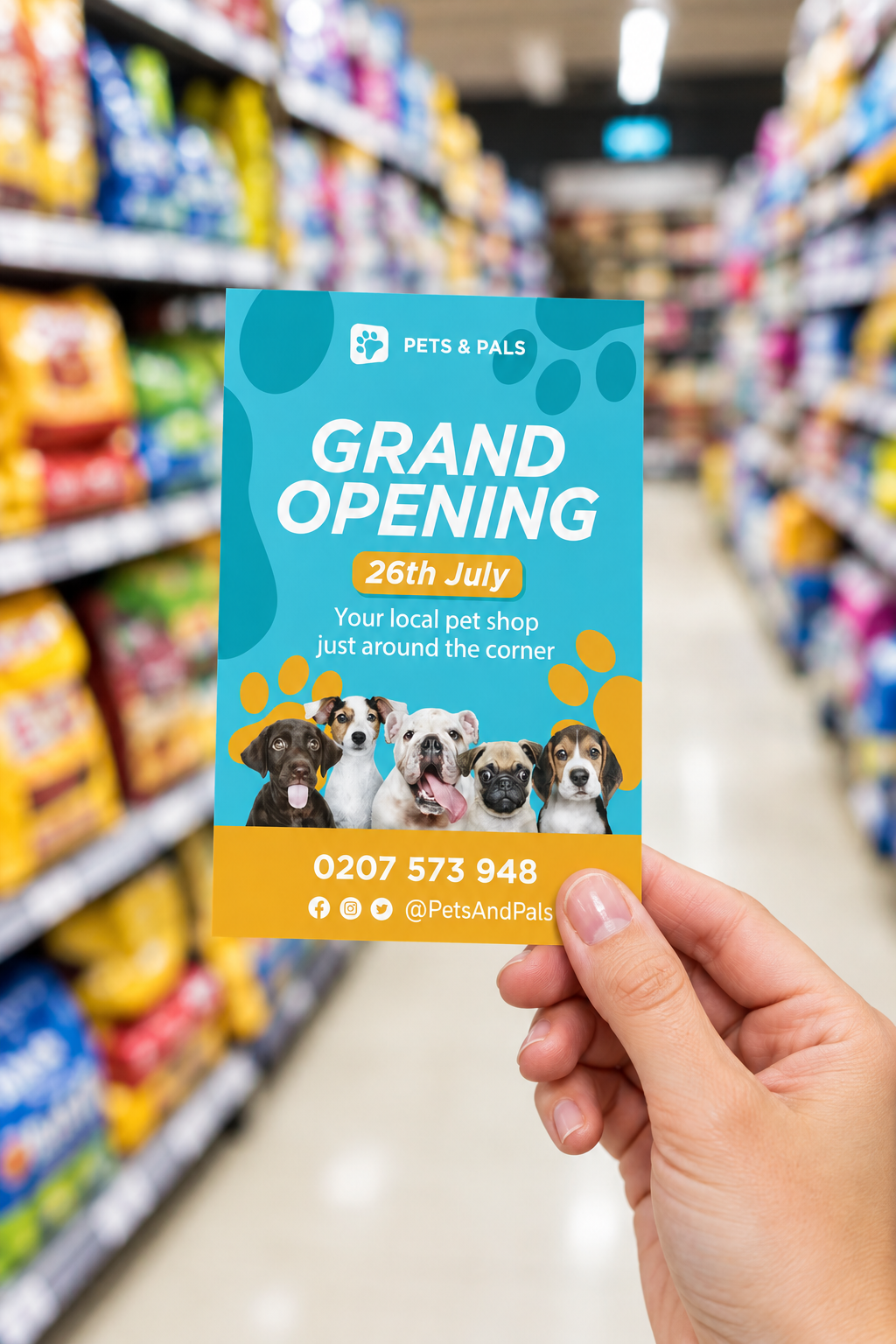 A6-sized Pets & Pals flyer held in a hand