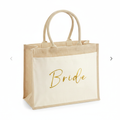 Bride Jute Bag - Gold Script on White Background