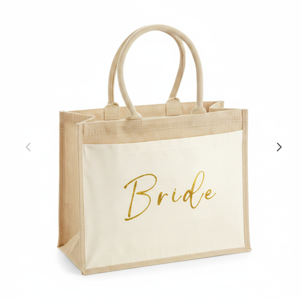 Bride Jute Bag - Gold Script on White Background