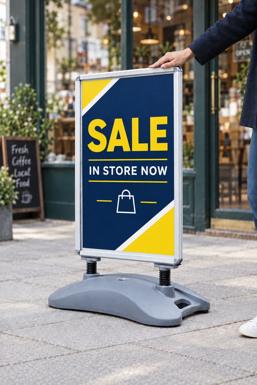 Heavy-duty pavement sign with a navy-and-yellow sale poster