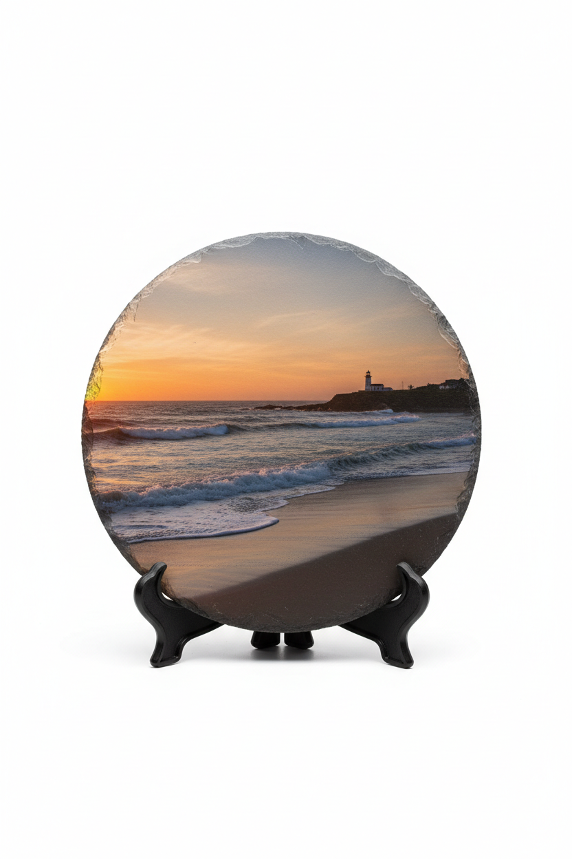 Personalised round slate photo print 9cm diameter on stand legs