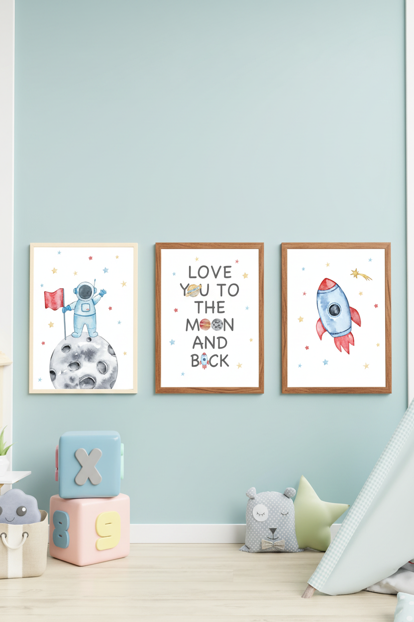 Set of three watercolour space wall art prints in wood frames on a blue wall in a children's bedroom