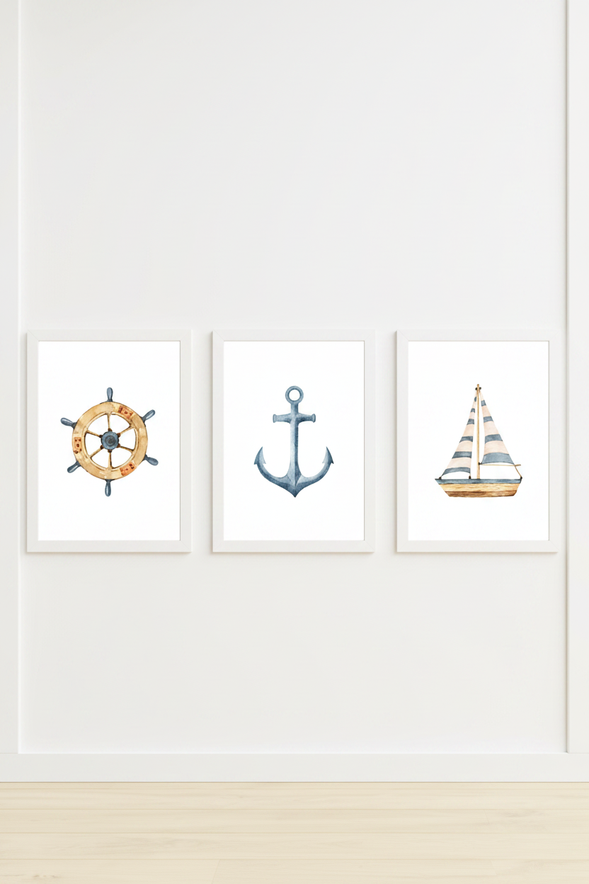 Set of three watercolour nautical wall art prints in white frames on a white wall in a children's bedroom