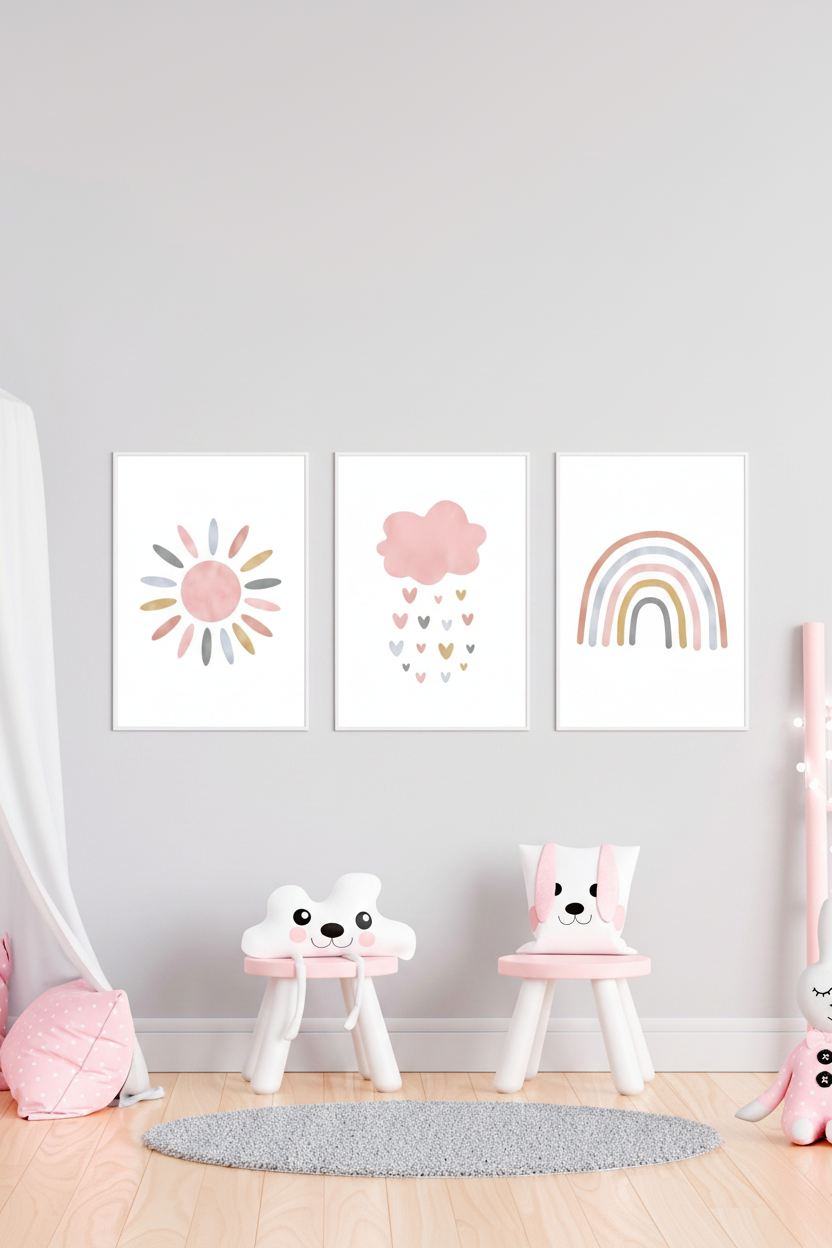 Set of three boho watercolour sun pink heart cloud and rainbow wall art prints in white frames on a grey wall in a girls bedroom