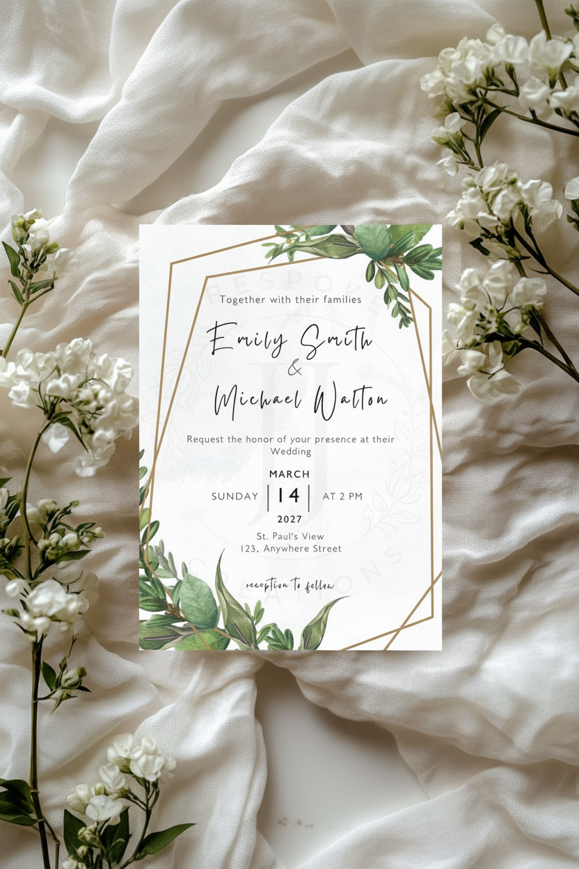 Green Foliage & Gold Wedding Invitation | Botanical Luxury Wedding Stationery