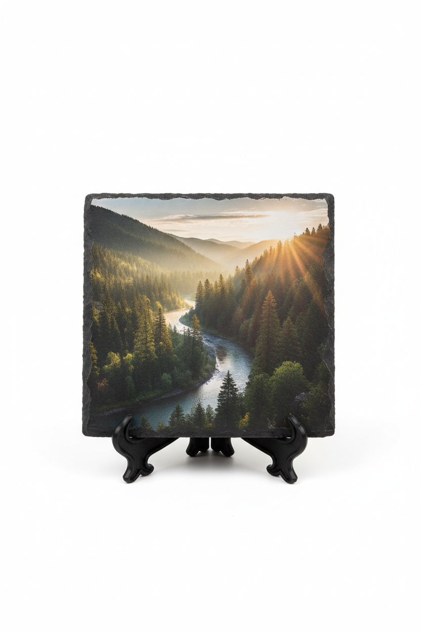 Personalised slate photo print 9cm square on display stand legs