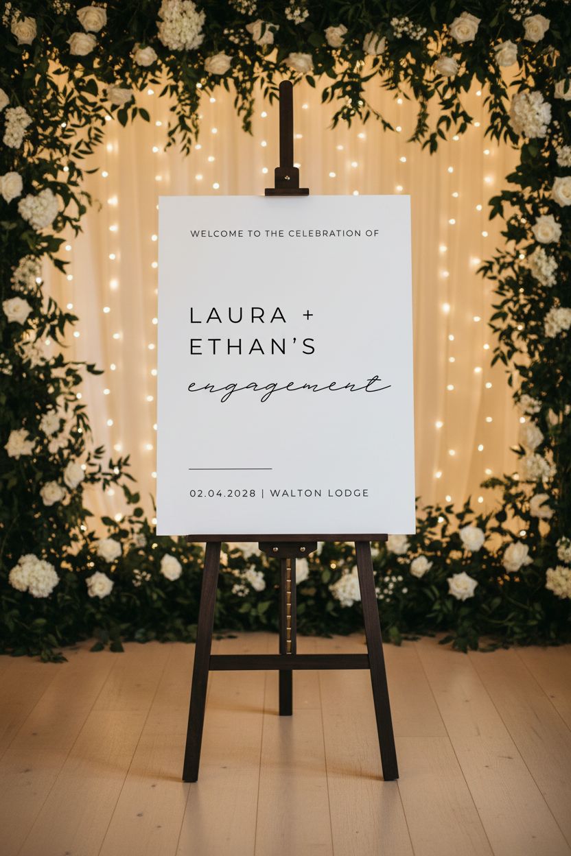 Personalised minimalist engagement party welcome sign displayed on a wooden easel in a luxury wedding venue setting