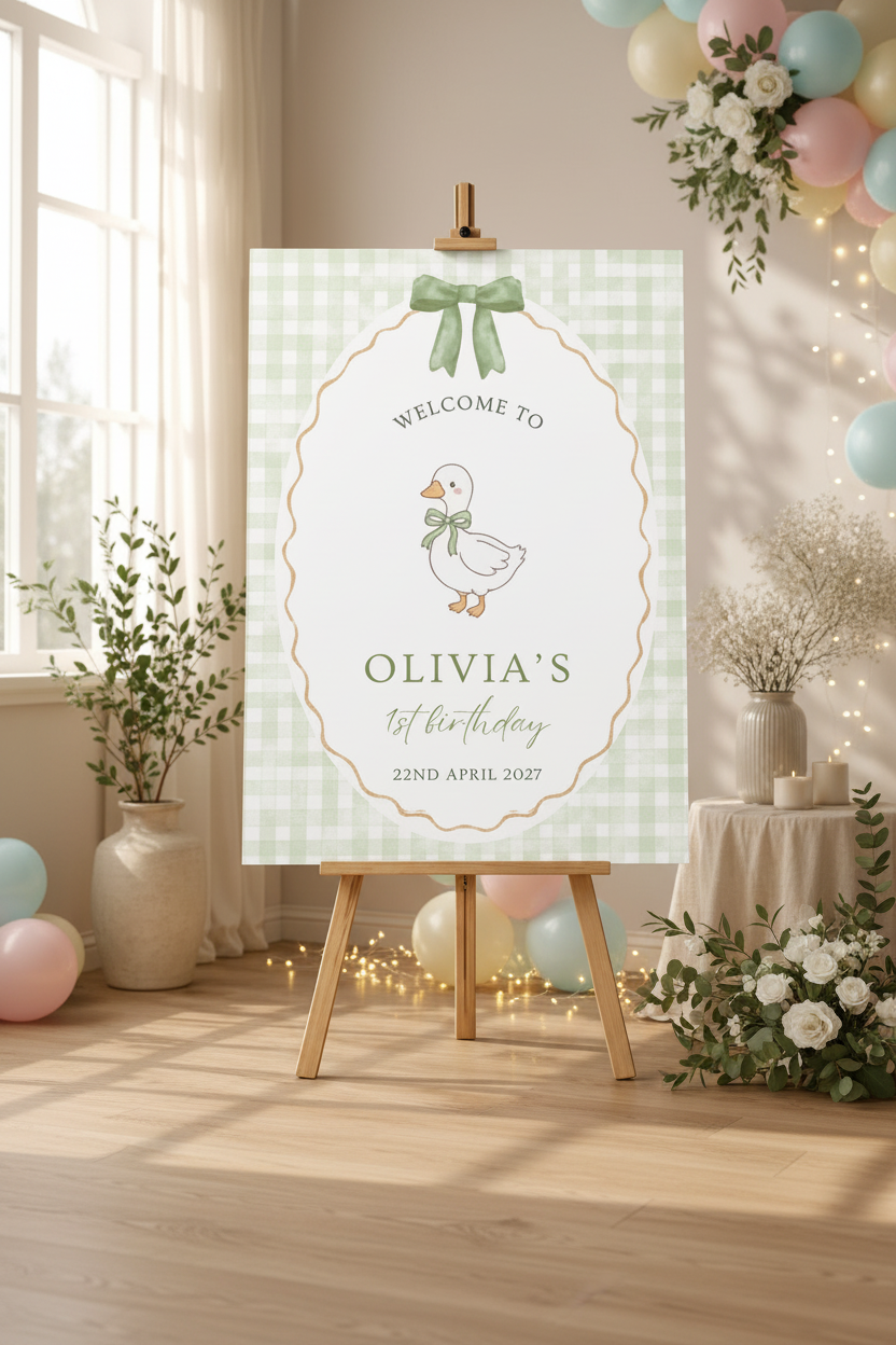 Personalised duck-themed birthday welcome sign displayed on a wooden easel at a children's party