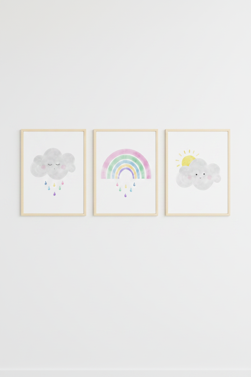 Set of three pastel cloud rainbow and sun wall art prints in wood frames on a blue wall in a children's playroom
