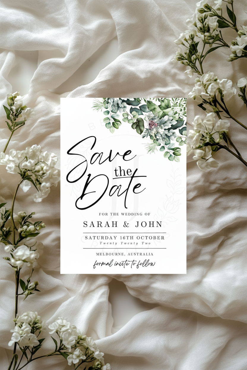 Green Foliage Save the Date Card | Botanical Personalised Wedding Stationery