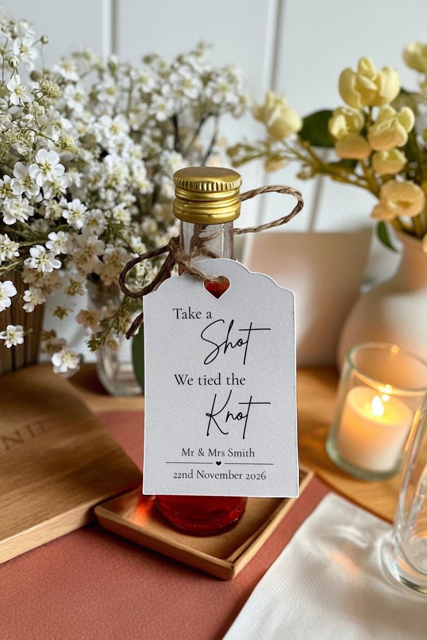 Personalised 'Take a Shot, We Tied the Knot' Bottle & Shot Tags | Wedding Favours