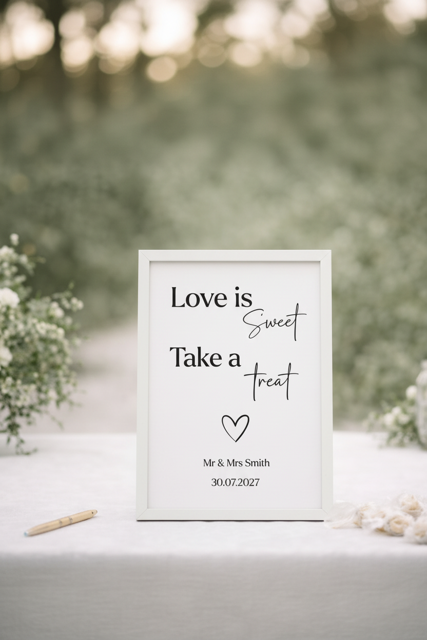 Love is Sweet Take a Treat wedding sign displayed in an elegant white frame