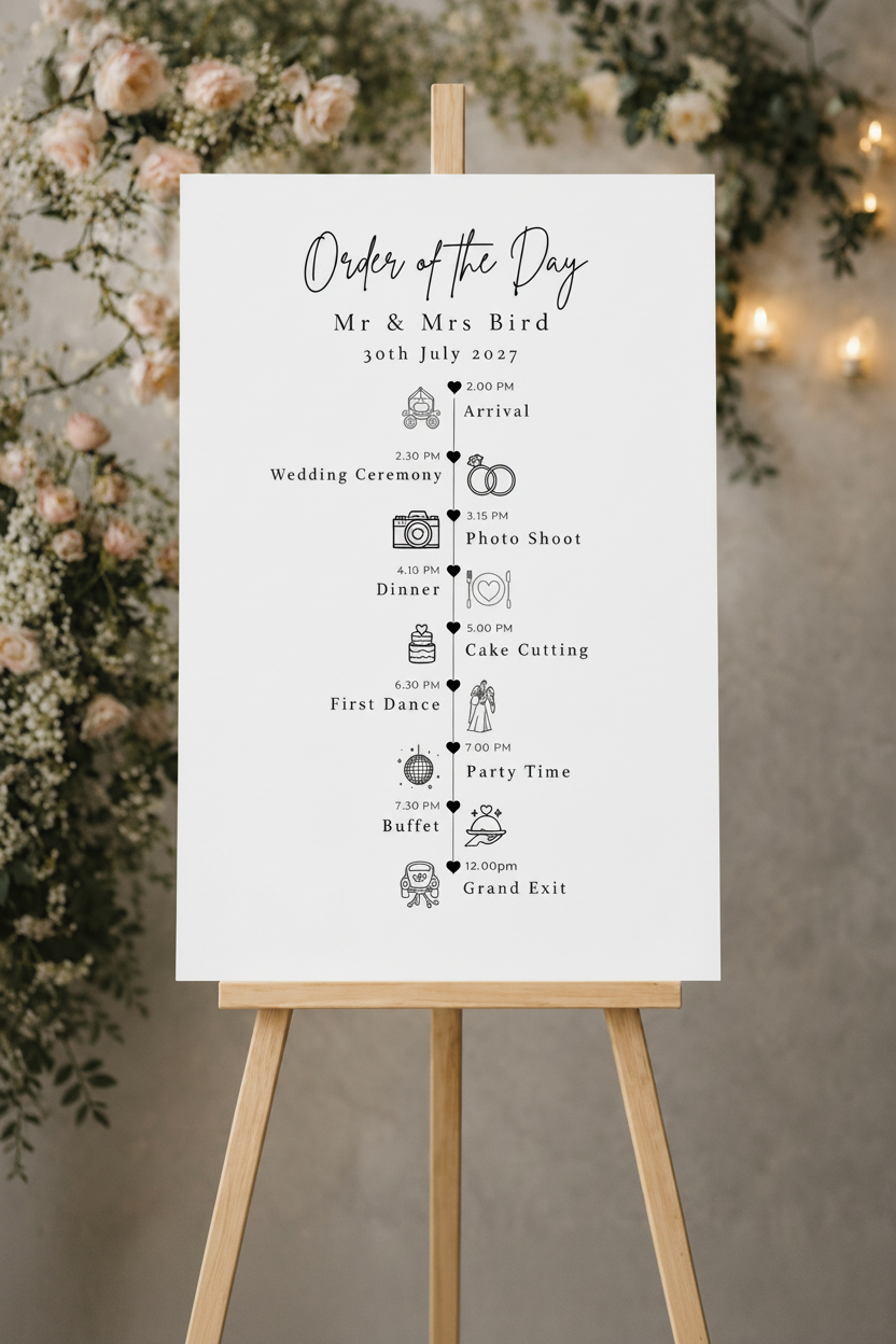 Order of the Day Wedding Sign with Icons | Personalised Foamex Board