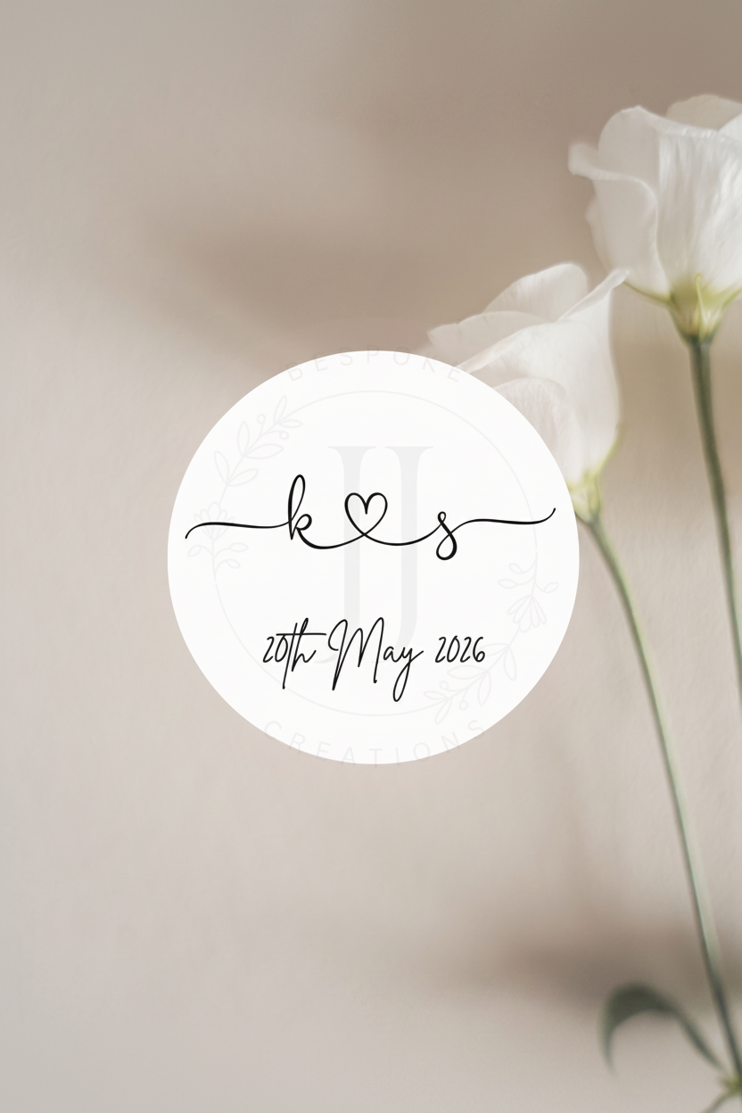 Initial, Heart & Date Personalised Wedding Stickers | Custom Round Labels