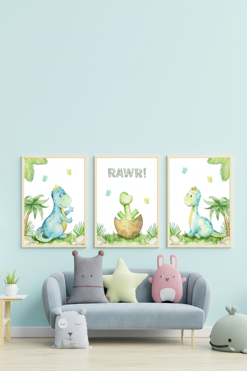 Set of three cute watercolour baby dinosaur wall art prints in wood frames on a blue wall in a children's playroom