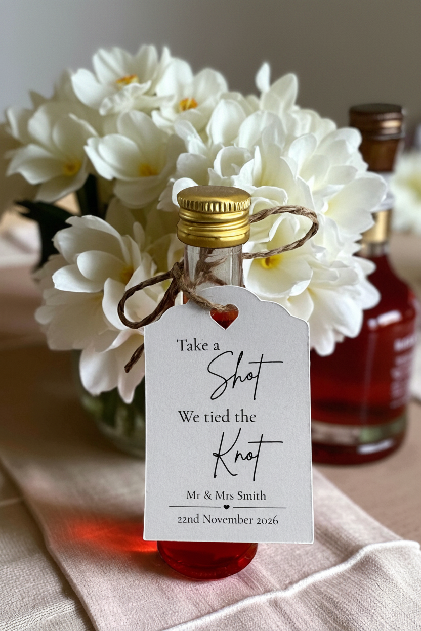 Personalised 'Take a Shot, We Tied the Knot' Bottle & Shot Tags | Wedding Favours