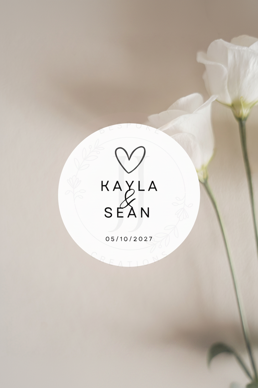 Name & Date Personalised Wedding Stickers | Heart Design | Custom Labels