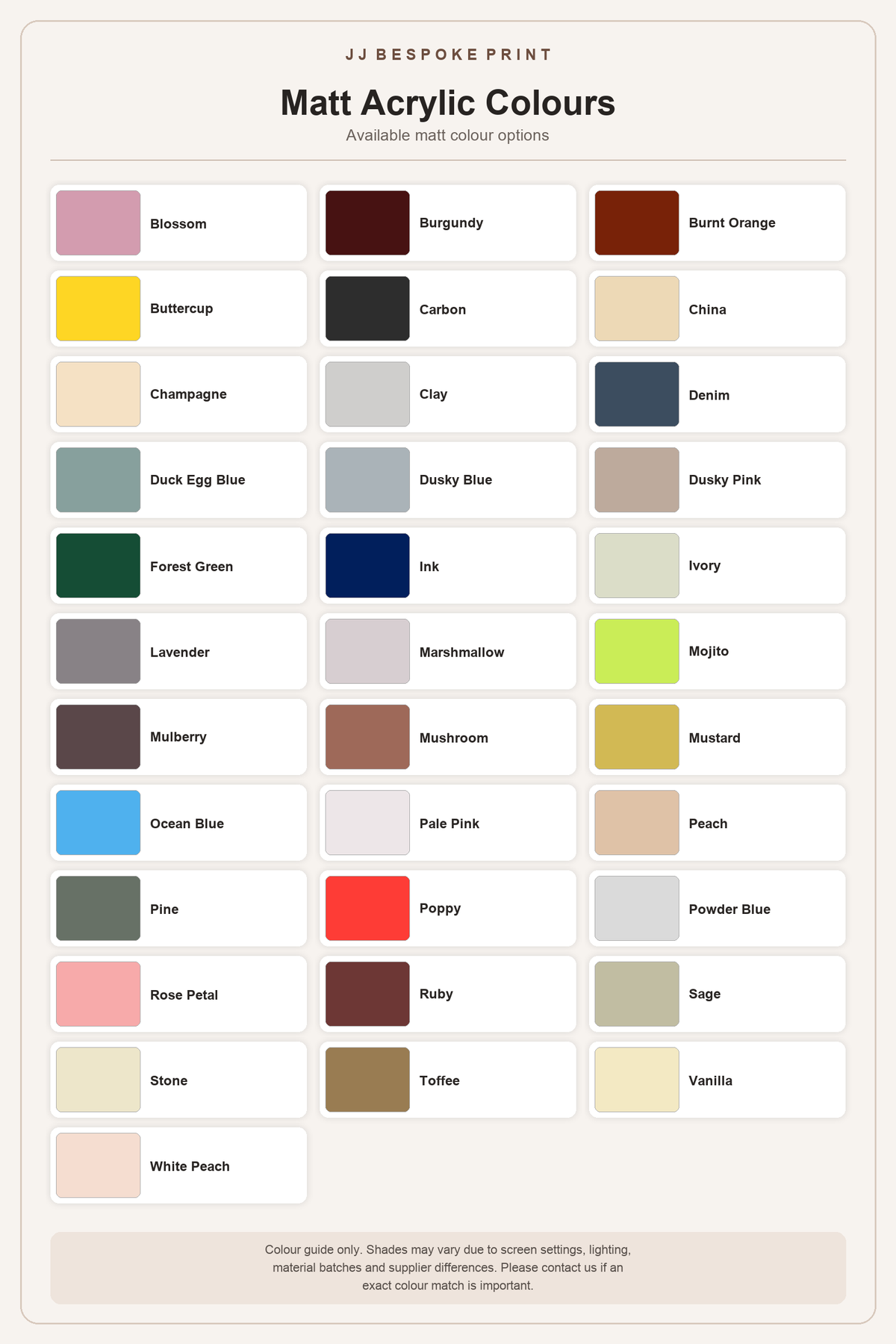Matt acrylic colour options
